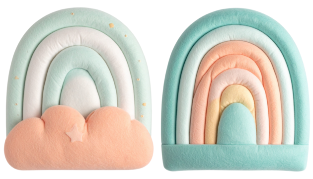 Pastel rainbow-shaped cushions with clouds, creating a whimsical, cozy aesthetic