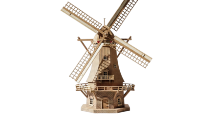 Detailed Wooden Windmill Miniature Model With Four Blades Rotating Slowly On A Transparent Background