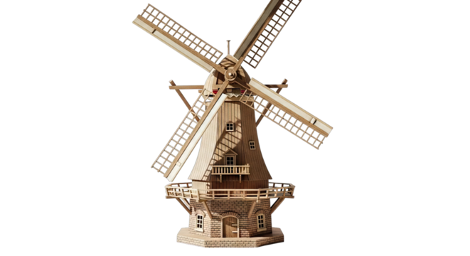 Detailed Wooden Windmill Miniature Model With Four Blades Rotating Slowly On A Transparent Background