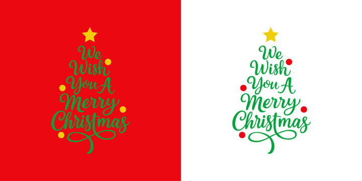 Logo con mensaje We Wish You a Merry Christmas en caligraf&iacute;a con forma de &aacute;rbol de navidad con estrella y circulos como bolas de navidad