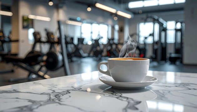 Steaming coffee cup rests on a marble table, blurred gym equipment in background, soft focus, interior view
