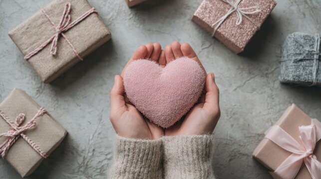 Hands Holding Soft Pink Heart Plush Gift Amid Wrapped Presents for Valentine, Cozy Warmth and Thoughtful Gift Theme