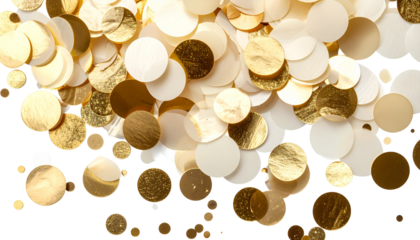 Close-up of scattered golden and white circular confetti on a black background