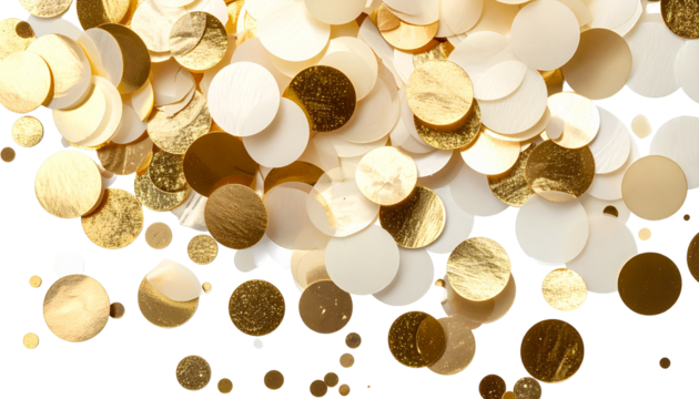 Close-up of scattered golden and white circular confetti on a black background