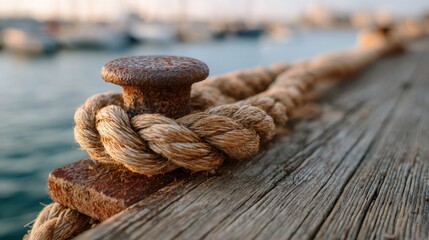 Fototapeta premium Rope Knot on Rusty Cleat, Wooden Pier at Harbor - Calm Security - Macro Close-Up with Shallow Depth of Field - Nautical Stock for Strength, Stability, Connection and Marine Industry