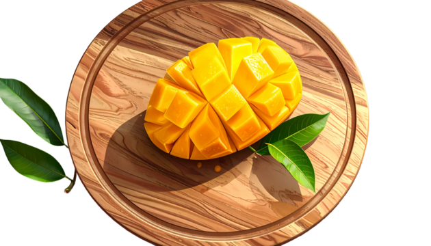 Vibrant, diced mango on a wooden board with leaves, sunlit and detailed