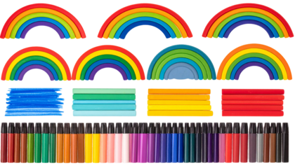Colorful wooden arches, paints, and markers in rainbow hues