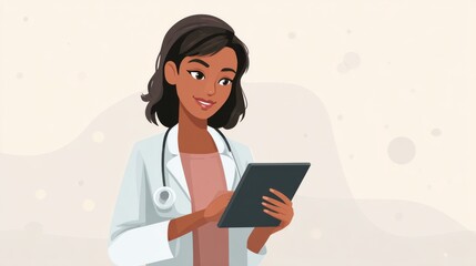 Smiling female doctor uses digital tablet for medical consultation
