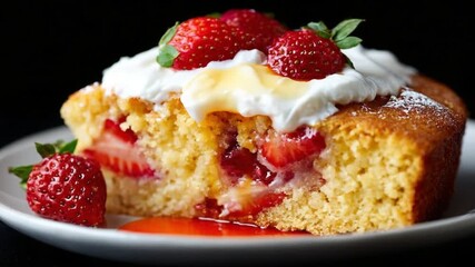 Honey drizzled over a delicious strawberry shortcake.
