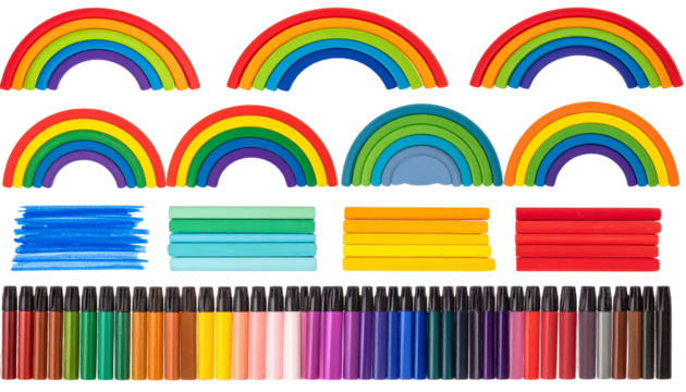 Colorful wooden arches, paints, and markers in rainbow hues