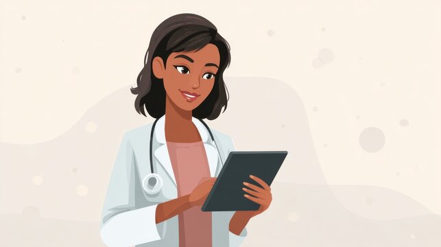Smiling female doctor uses digital tablet for medical consultation - Powered by Adobe