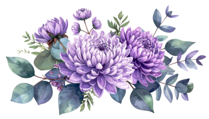 Watercolor floral arrangement with purple chrysanthemums and silver dollar leaves