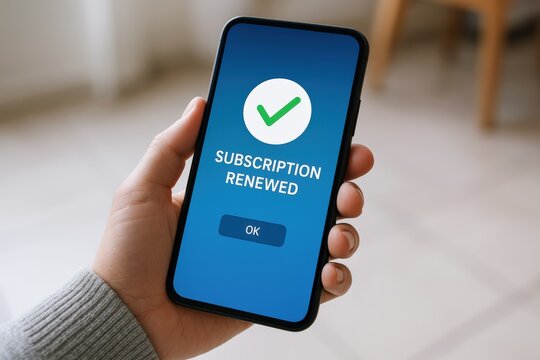 Hand holds smartphone displaying a bright blue screen with a green checkmark confirming successful subscription renewal, highlighting digital convenience and satisfaction