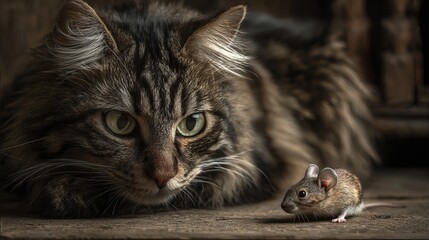 Intense stare of a curious cat observing a tiny mouse with focused predatory instinct in a rustic, dimly lit setting