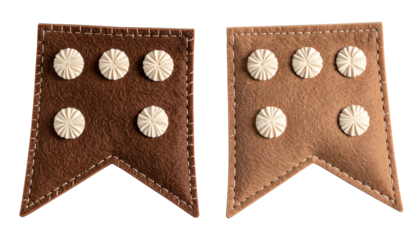 Two decorative stitched leather pennants, each with four flower-shaped accents