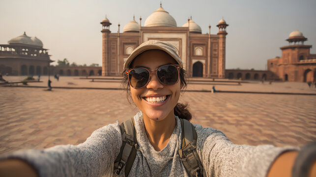 A joyful traveler takes a selfie in front of a magnificent historic building, capturing unforgettable memories.