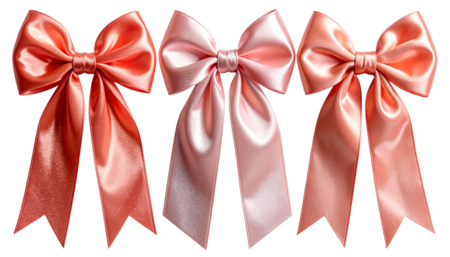 Three silk bows in varying shades of peach and pink, on black background
