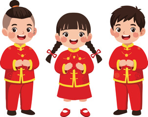 Three Children Celebrating Chinese New Year in Traditional Clothing 1.