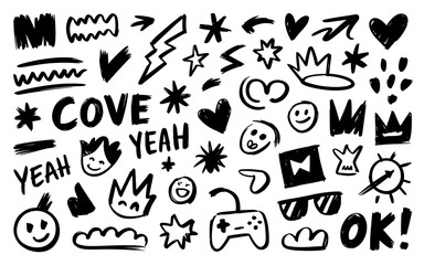playful hand drawn doodle set with hearts stars arrows smiley faces crowns shapes comic elements...