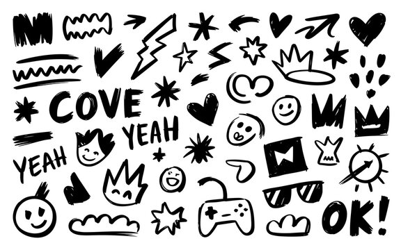 playful hand drawn doodle set with hearts stars arrows smiley faces crowns shapes comic elements and sketch symbols in bold black marker style on light background
