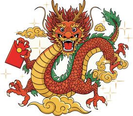 Naklejka premium Vibrant Chinese Dragon with Red Envelope and Golden Clouds.