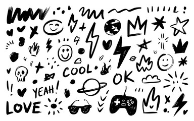 hand drawn doodle set with hearts stars lightning smiley faces planets crowns arrows gaming controller sunglasses clouds brush strokes and playful sketch elements in black