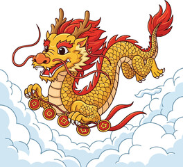 Golden Chinese Dragon Soaring Through Clouds with Coins.