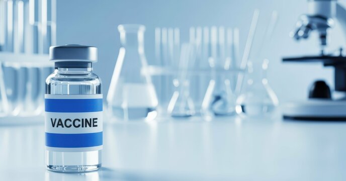 Vaccine vial in lab featuring medical glassware. This vaccine is designed for protection against infection. Vaccine development is critical in fighting infectious diseases,
