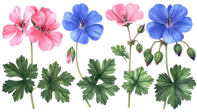 Delicate watercolor-style florals in pink and blue with green leaves
