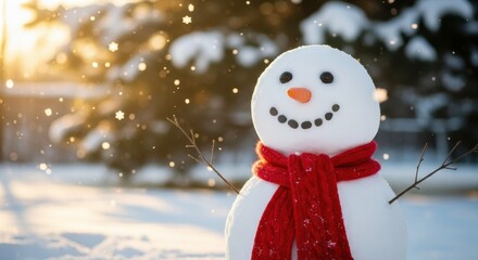 Cheerful snowman with a red scarf in a snowy winter landscape  