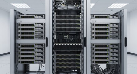 Data center servers with multiple racks showing organized hardware and cables, modern technology environment showcasing network management.