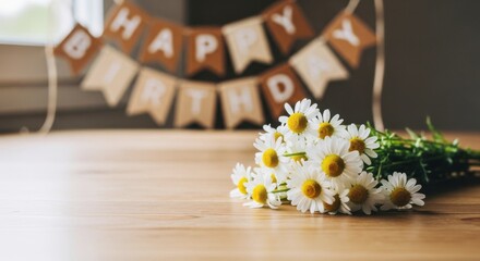 Paper birthday garland with daisies on a wooden table background