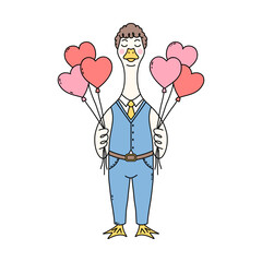 Cute cartoon goose dressed in a blue suit and yellow tie, holding heart-shaped balloons. Illustration for Valentine's Day, love, or greeting cards.