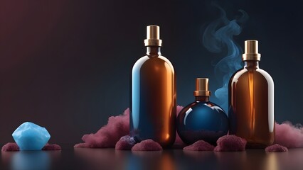 Luxurious Amber and Indigo Bottles with Ethereal Smoke, Vibrant Blue Crystal, and Pink Dust on a Dark Reflective Surface