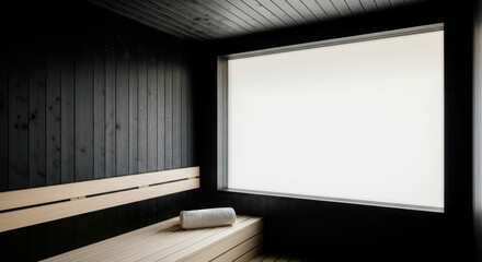 Minimalist sauna interior with wooden benches and large window  