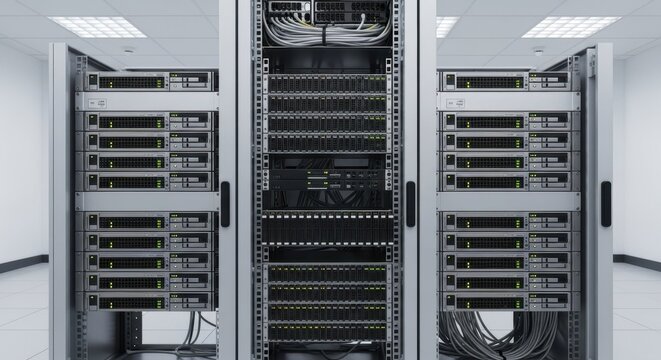 Data center servers with multiple racks showing organized hardware and cables, modern technology environment showcasing network management.