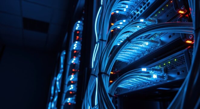 Network cables and servers in data center illuminated with blue light creating a high-tech atmosphere, showing intricate connections and devices for optimal performance.