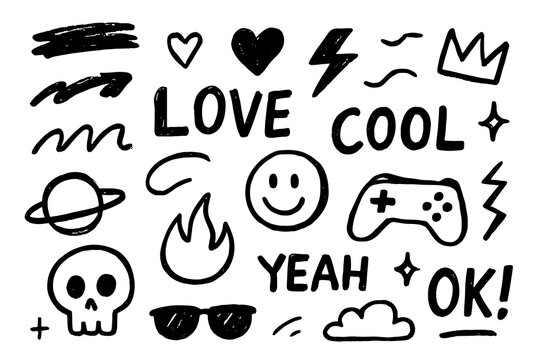 hand drawn doodle set with hearts stars lightning smiley face skull planet fire crown arrows gaming controller sunglasses clouds and sketch elements in black marker
