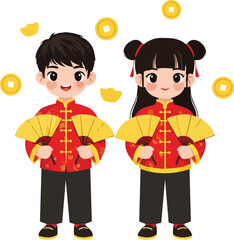 Two Children Celebrating Chinese New Year with Traditional Outfits and Fans.