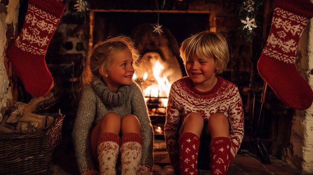 Child Christmas scene with children sitting near fireplace surrounded by stockings, soft lighting and cozy festive interior
