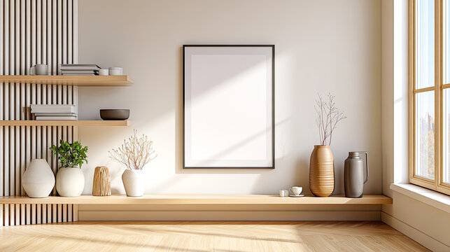 Moderne, helle B&uuml;ror&auml;ume mit klaren Poster-Mockups an neutralen W&auml;nden, ideal f&uuml;r Branding, Corporate Design und Pr&auml;sentationen. Minimalistische M&ouml;bel, weiches Tageslicht und professionelle Atmosph&auml;re