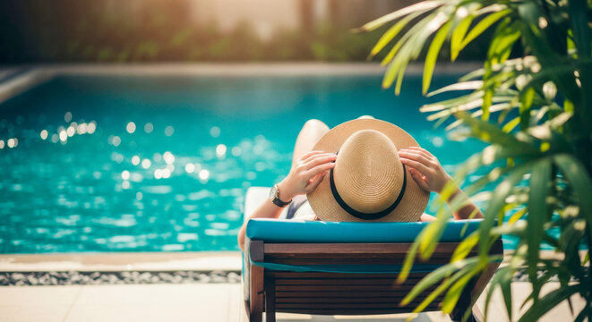Woman relaxing by swimming pool in sunny outdoor setting - Powered by Adobe