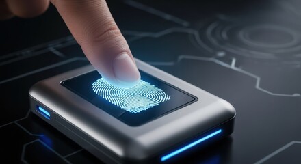 Fingerprint sensor with modern technology featuring illuminated touchpad and user interaction.
