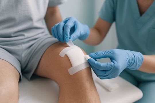 Medical professional in blue gloves meticulously applies a clean bandage to a patient's knee, providing expert wound care for recovery