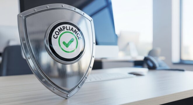Compliance shield on office desk with modern workspace and computer setup. Compliance symbol represents business integrity and responsibility in corporate environment. Concept compliance in business.