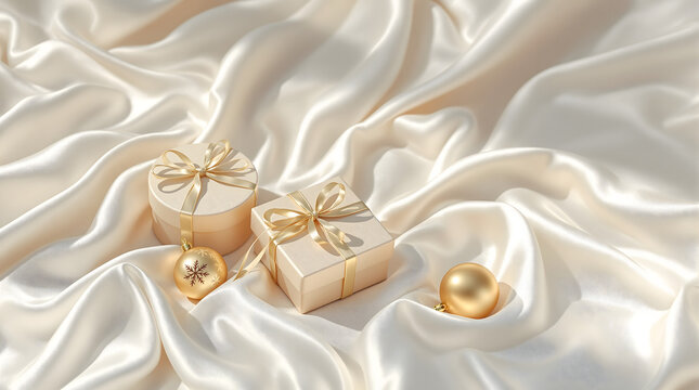 Editorial background photo holiday vibes - Elegant Gift Boxes Adorned with Gold Ribbons and Ornaments on Silk Fabric