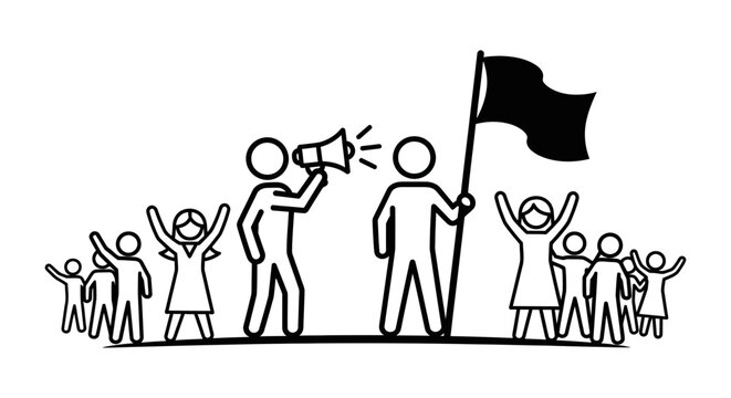 Protest march with megaphone and flag vector illustration