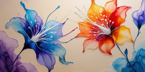 Abstract floral art: stylized flowers in blended blues, purples, oranges, and reds with white stamens on a soft background. Wallart