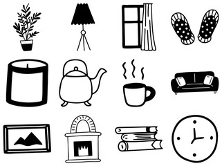 hand drawn cozy living room doodle set with sofa fireplace lamp teapot window clock slippers books candle mug plant and home decor elements in simple black outline style