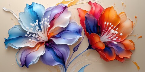 Abstract floral art: stylized flowers in blended blues, purples, oranges, and reds with white stamens on a soft background. Wallart